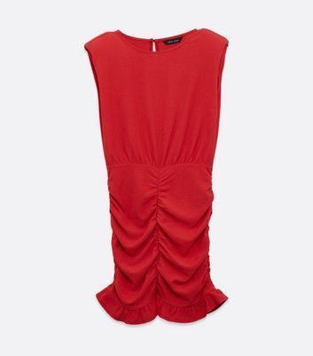 Red Plain Sleeveless Shoulder Pad Ruched Dress New Look