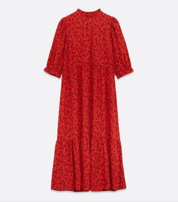 Petite Red Floral Frill Neck Tiered Midi Dress New Look