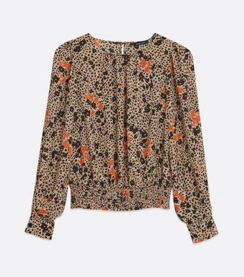 Brown Mixed Floral Animal Print Shirred Blouse New Look