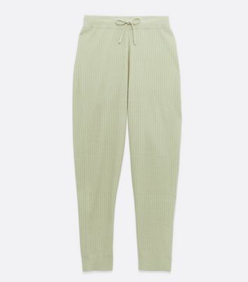 Light Green Ribbed Knit Slim Joggers New Look