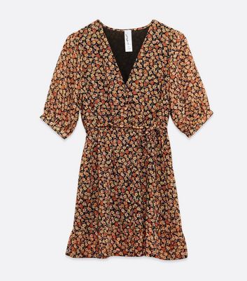 Brown Ditsy Floral Wrap Skater Dress New Look