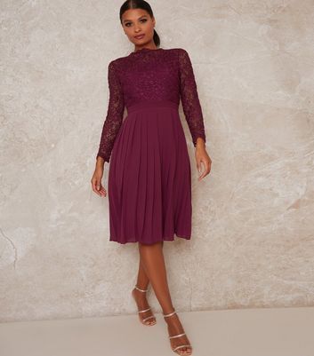 Dark Purple Lace Pleated Dress New Look