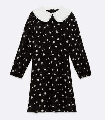 Petite Black Star Print Collared Dress New Look