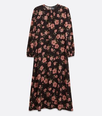 Petite Black Floral Long Sleeve Midi Dress New Look
