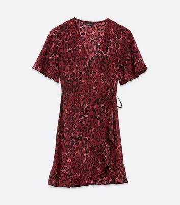 Red Leopard Print Frill Wrap Dress New Look