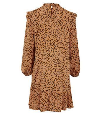 Brown Leopard Print Frill High Neck Smock Dress New Look