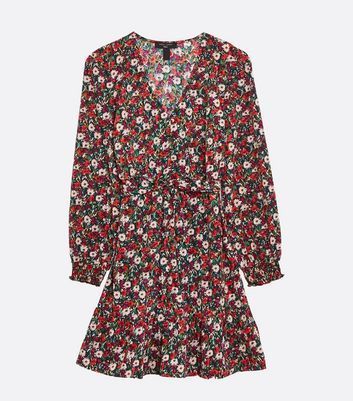 Tall Black Floral Puff Sleeve Belted Tea Dress New Look
