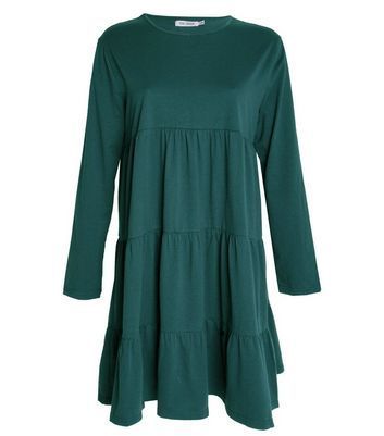 Green Tiered Long Sleeve Smock Dress New Look