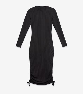 Black Ribbed Ruched Tie Side Midi Dress New Look