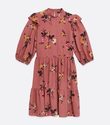 Pink Floral Frill High Neck Smock Dress New Look