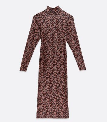 Brown Leopard Print Ribbed Midi Dress New Look
