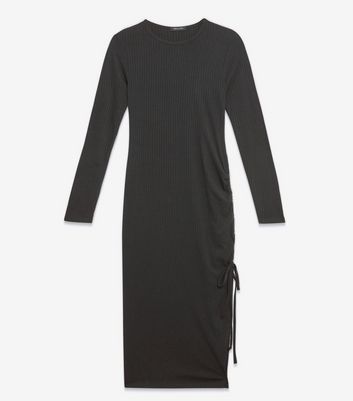 Black Ribbed Ruched Side Split Midi Dress New Look