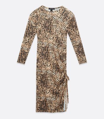 Brown Leopard Ruched Midi Dress New Look