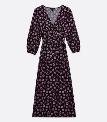 Tall Black Floral Soft Touch Wrap Midi Dress New Look