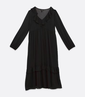 Black Chiffon Frill Neck Midi Dress New Look