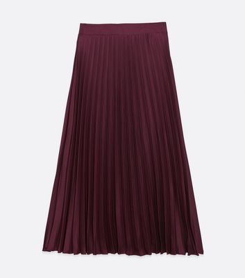 Burgundy Pleated Satin Midi Skirt New Look