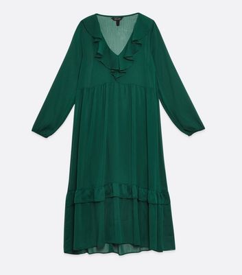 Dark Green Chiffon Frill Neck Midi Dress New Look