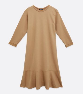 Camel Ruffle Midi Sweatshirt Dress New Look