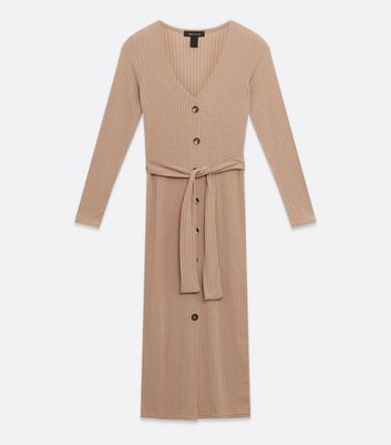 Camel Ribbed Belted Midi Dress New Look