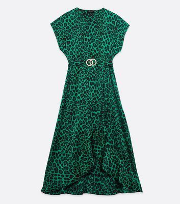 Green Leopard Print Satin Midi Dress New Look