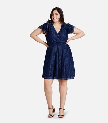 Curves Navy Lace Flutter Sleeve Dress New Look