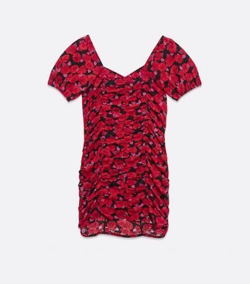 Red Floral Ruched Mini Dress New Look