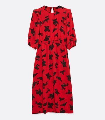 Red Floral Shirred Waist Frill Trim Midi Dress New Look