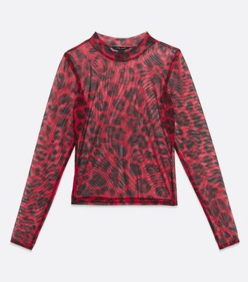 Red Leopard Print Mesh High Neck Top New Look