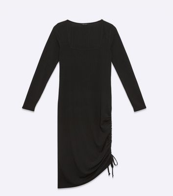 Black Ribbed Square Neck Ruched Midi Dress New Look