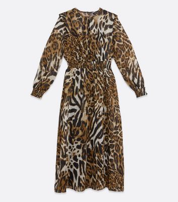 Brown Leopard Print Frill Midi Dress New Look