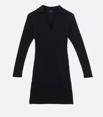Black Ribbed Long Sleeve Collared Mini Dress New Look