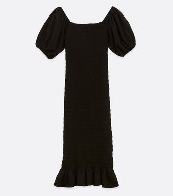 Tall Black Shirred Puff Sleeve Midi Dress New Look