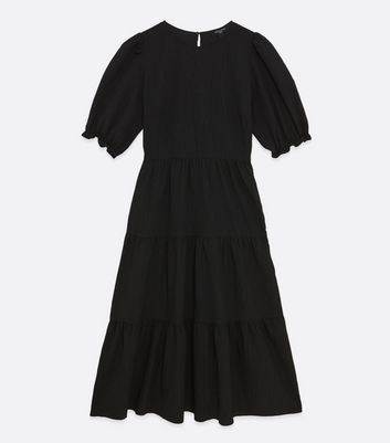 Tall Black Textured Puff Sleeve Midi Dress New Look