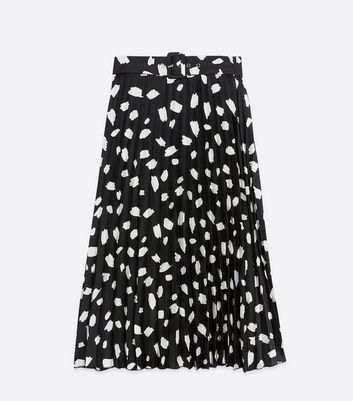 Black Abstract Spot Satin Belted Midi Skirt New Look