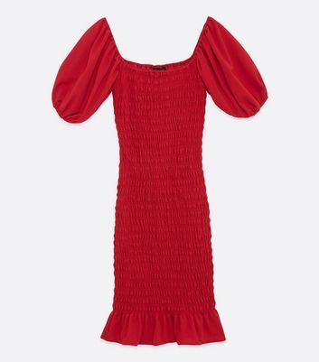 Red Shirred Puff Sleeve Midi Dress New Look