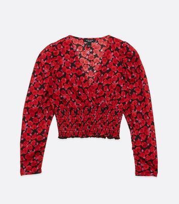 Petite Red Floral Shirred Hem Wrap Top New Look