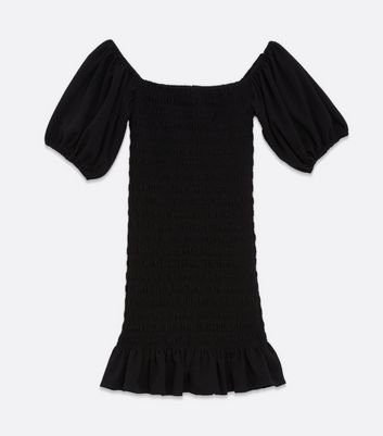 Petite Black Shirred Puff Sleeve Mini Dress New Look