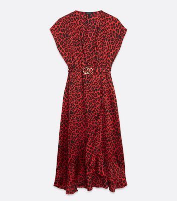 Red Leopard Print Satin Midi Dress New Look