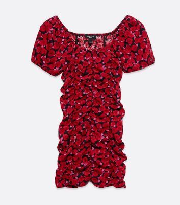 Petite Red Floral Ruched Mini Dress New Look