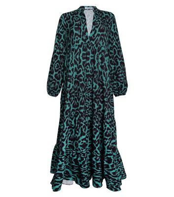 Green Leopard Print Tiered Long Sleeve Maxi Dress New Look