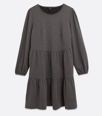 Curves Grey Ribbed Tiered Smock Dress New Look