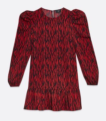 Red Zebra Print Puff Sleeve Shift Dress New Look