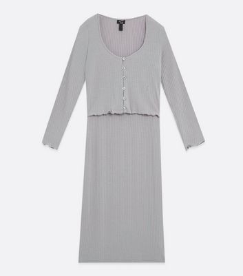 Petite Grey Ribbed Cardigan and Midi Dress Set New Look