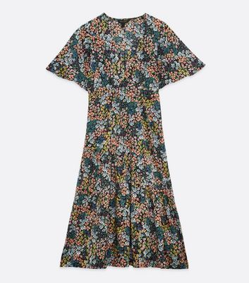 Black Ditsy Floral Short Sleeve Tiered Midi Dress New Look