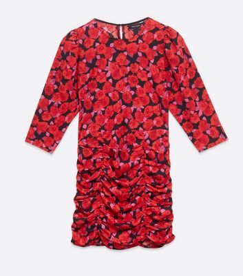 Red Floral Ruched Hem Mini Dress New Look