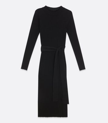 Black Ribbed Knit Tie Waist Midi Dress New Look