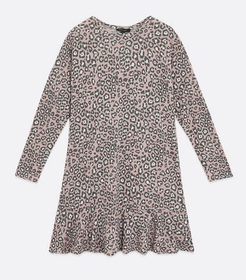 Pink Leopard Print Frill Sweatshirt Dress New Look