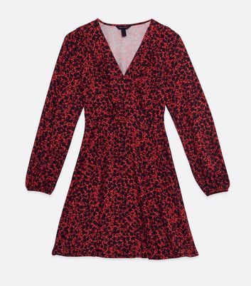 Red Ditsy Floral Soft Touch Wrap Mini Dress New Look