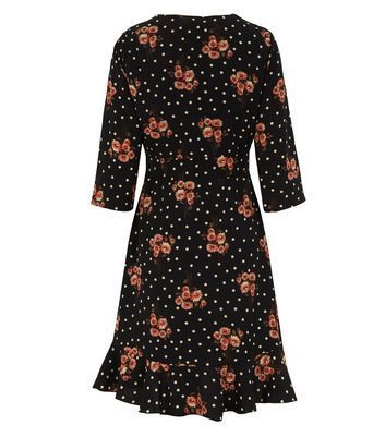 Black Floral and Spot Wrap Dress New Look