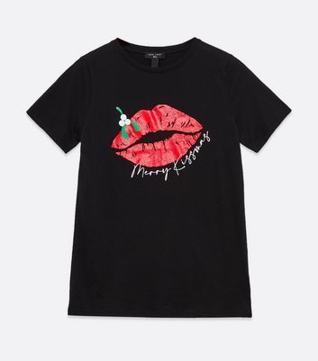 Tall Black Merry Kissmas Logo T-Shirt New Look